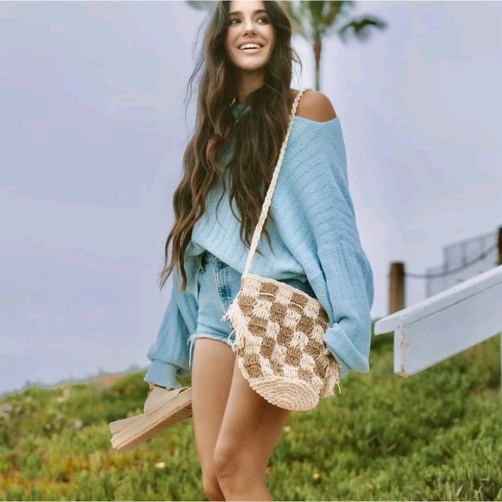 Lu‎ & Elle Checkered Woven Crossbody Bag Tan Beige Tassel Boho Summer Bucket NWT